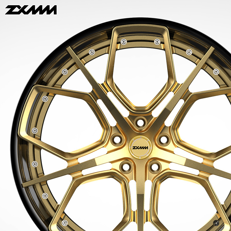 custom 2 piece forged alloy wheel with brush gold spoke Chrome rim 5x114.3 5x120 5x130 5x112 18 19 20 21 22 24 26 inch