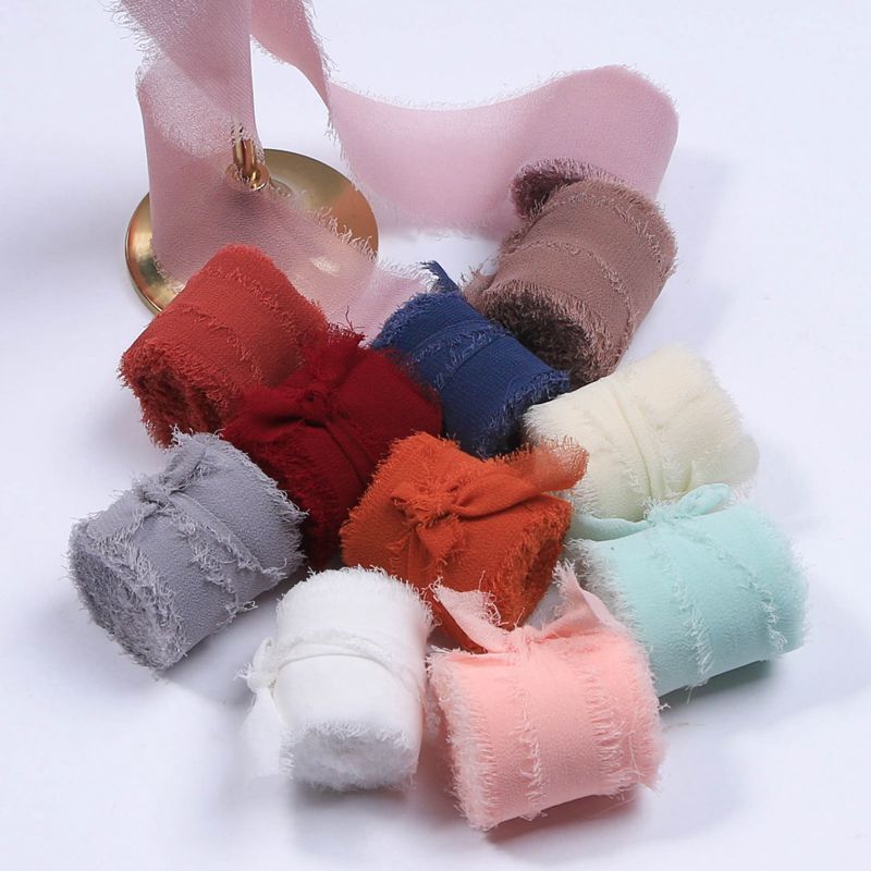 Wholesale 4CM*5M Handmade Frayed Edged Satin Chiffon Silk Silk Chiffon Ribbon for Wedding Invitation Bouquets Gift Packing