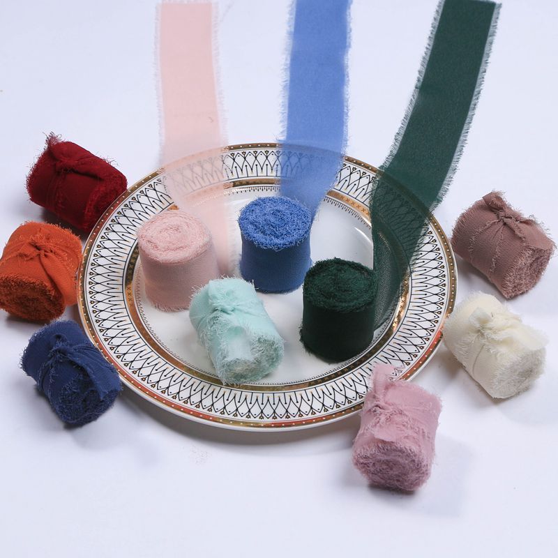 Wholesale 4CM*5M Handmade Frayed Edged Satin Chiffon Silk Silk Chiffon Ribbon for Wedding Invitation Bouquets Gift Packing