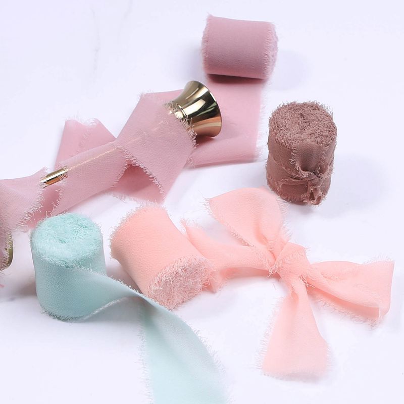 Wholesale 4CM*5M Handmade Frayed Edged Satin Chiffon Silk Silk Chiffon Ribbon for Wedding Invitation Bouquets Gift Packing