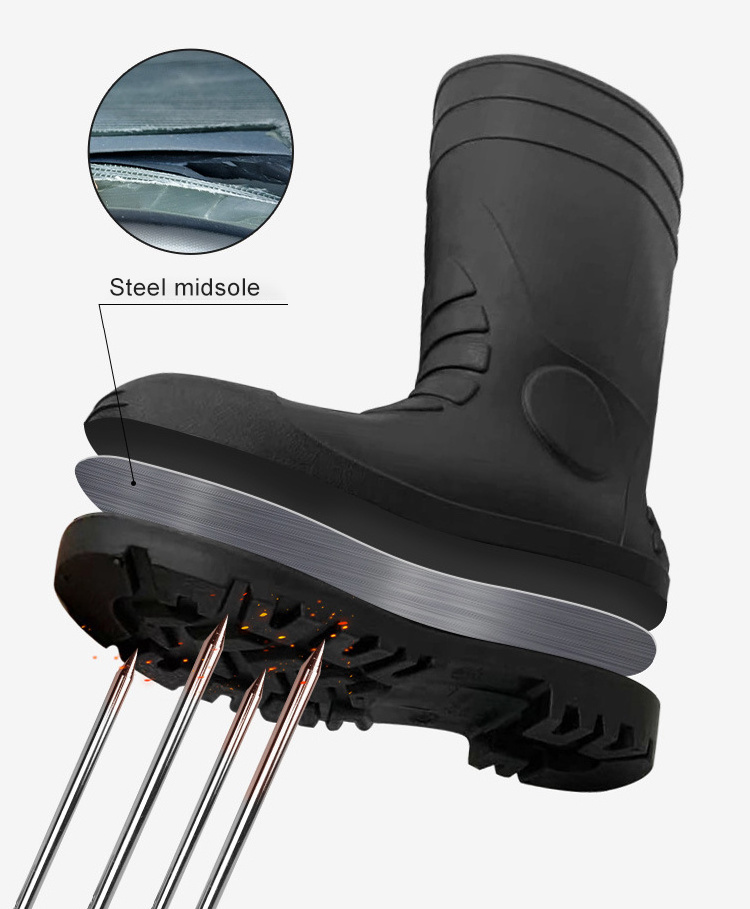 PVC labor protection high leg steel toe rain boots oil resistant steel sole work boots for worker