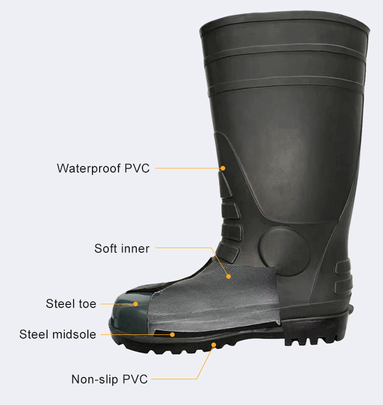 PVC labor protection high leg steel toe rain boots oil resistant steel sole work boots for worker