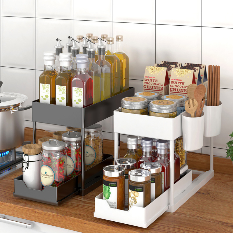 Kitchen sink shelving pull-out seasoning rack Cabinet storage storage double-layer spice arrangement  under sink rack