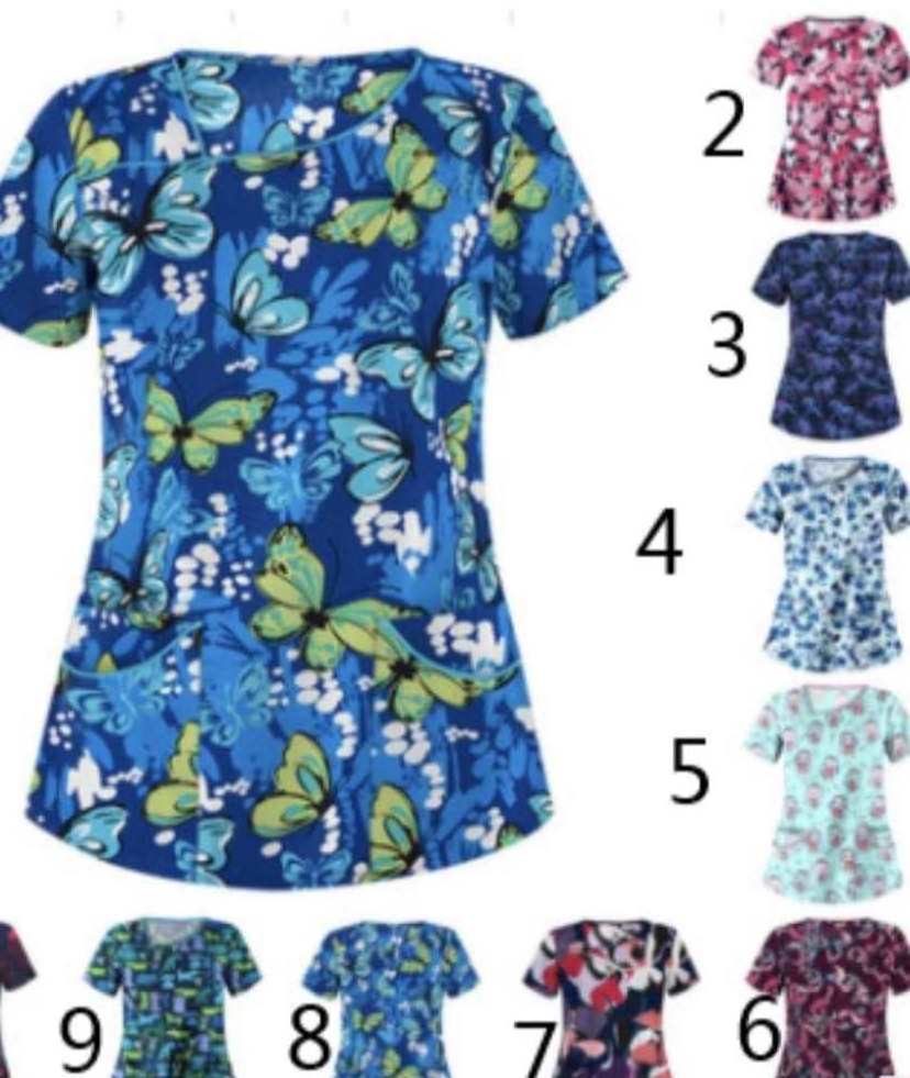 Printed Scrubs Tops Short Sleeve V-Neck T-Shirt For Hospital Clinic Nurse