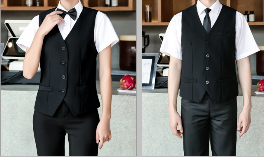 Custom Waiter Uniform Sets Bar Restaurant Party Staff Workwear Suit Design Unisex Vest Shirt Pants Ladies Skirt