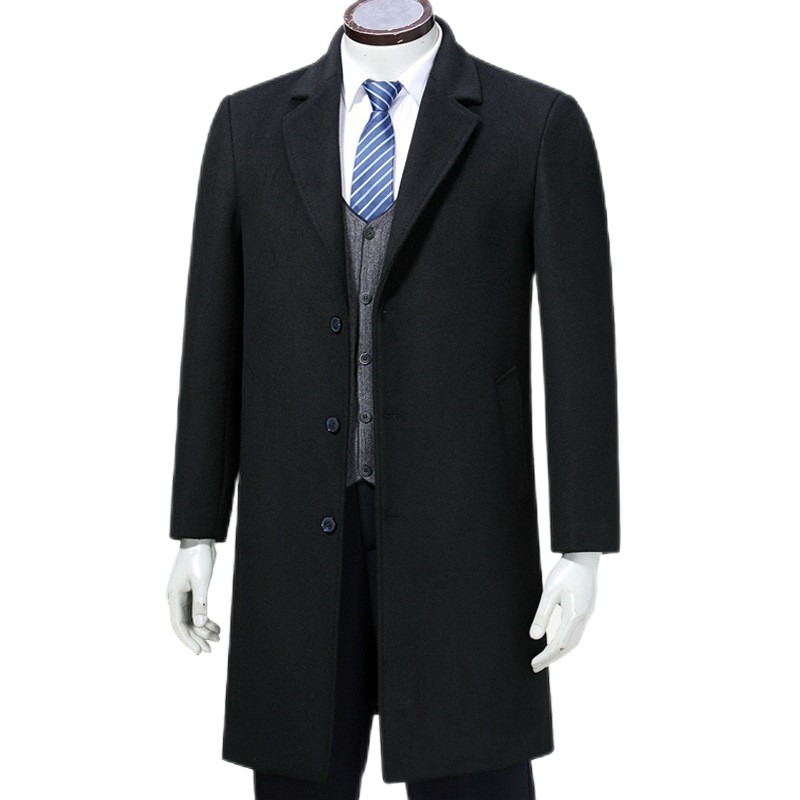 Men's Wool Blend Pea Trench Coat Notched Collar Single Breasted Overcoat Mid Long Business Jacket