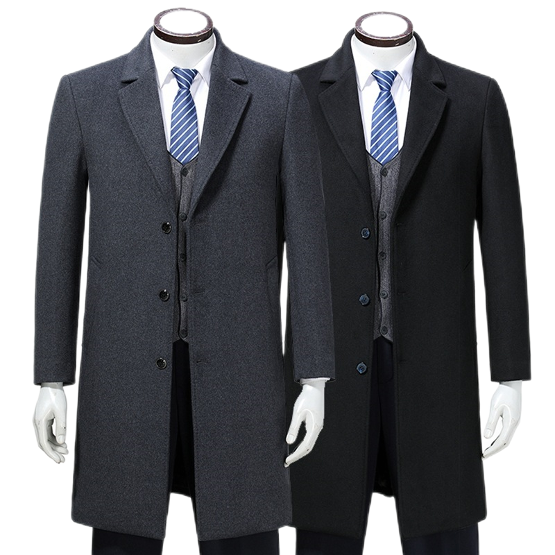 Men's Wool Blend Pea Trench Coat Notched Collar Single Breasted Overcoat Mid Long Business Jacket