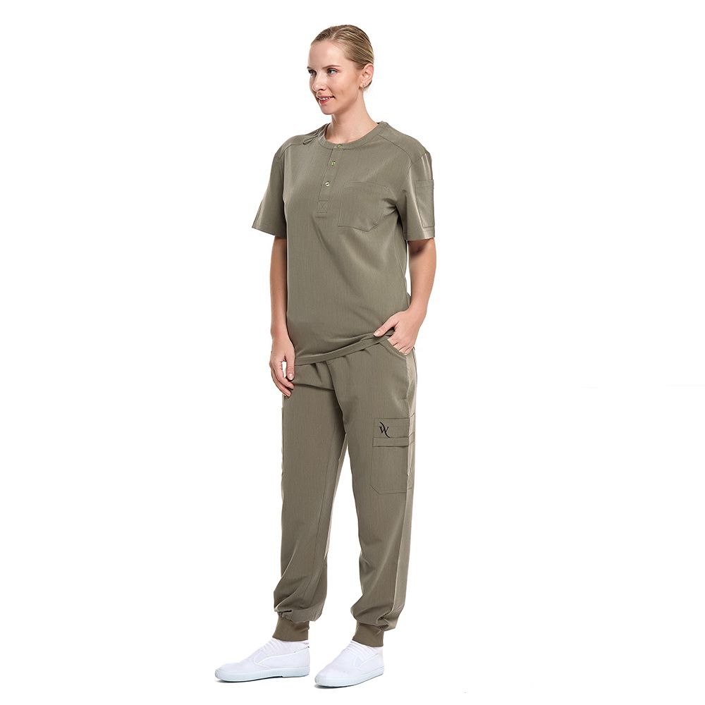 ZX Custom Women Nurse Uniforms Scrubs Sets Cargo Jogger Short Sleeve Half Open Medical Work Scrubs T-Shirt Pants Multi Pockets