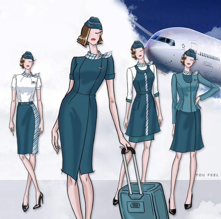 Custom Unified Airline Flight Attendants Uniform Sets Women Stewardess Dress Uniforms Sets