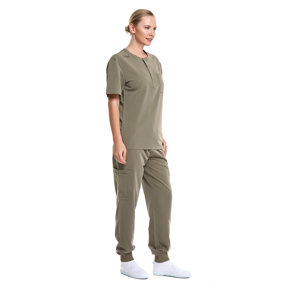 ZX Custom Women Nurse Uniforms Scrubs Sets Cargo Jogger Short Sleeve Half Open Medical Work Scrubs T-Shirt Pants Multi Pockets