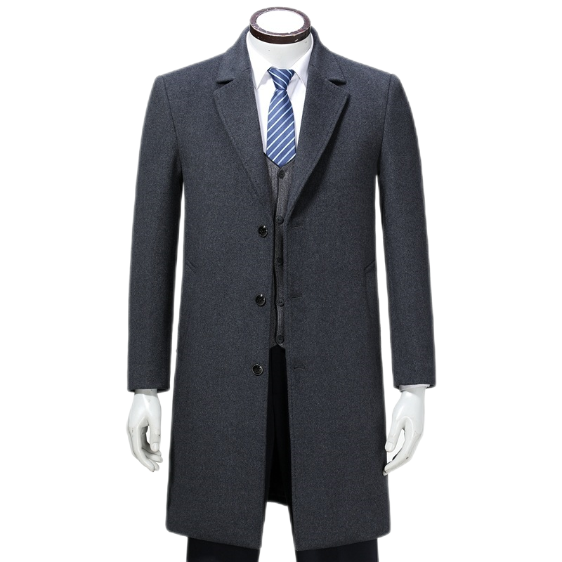 Men's Wool Blend Pea Trench Coat Notched Collar Single Breasted Overcoat Mid Long Business Jacket