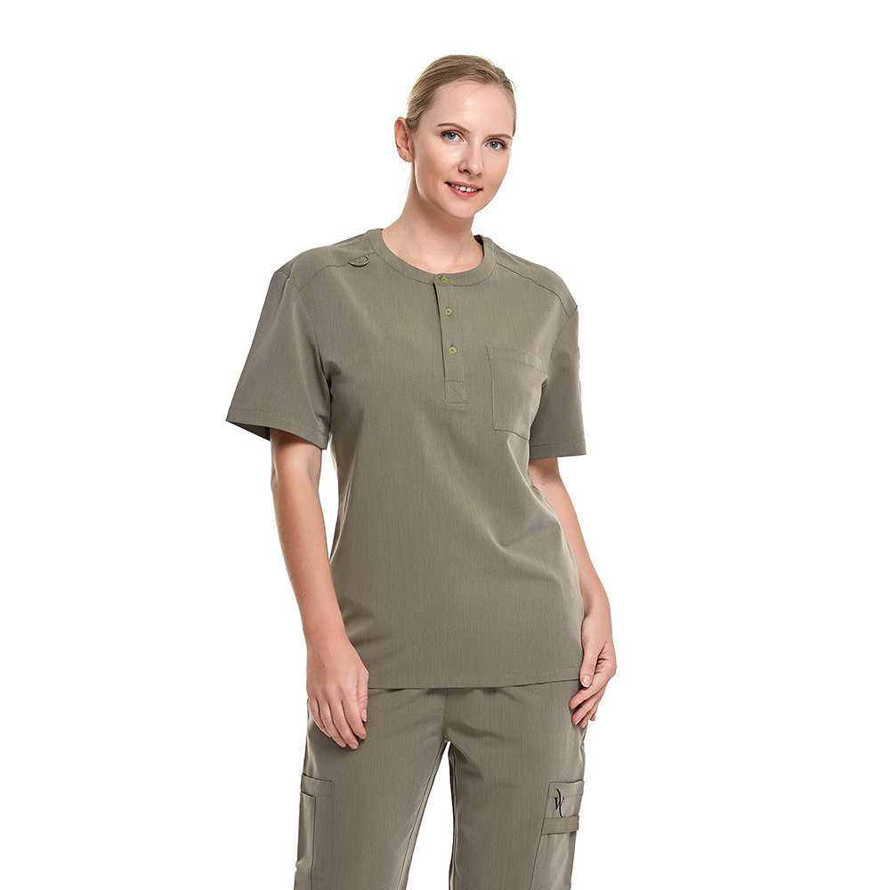 ZX Custom Women Nurse Uniforms Scrubs Sets Cargo Jogger Short Sleeve Half Open Medical Work Scrubs T-Shirt Pants Multi Pockets