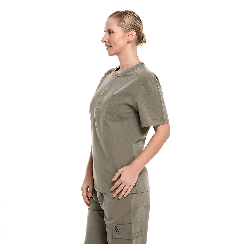 ZX Custom Women Nurse Uniforms Scrubs Sets Cargo Jogger Short Sleeve Half Open Medical Work Scrubs T-Shirt Pants Multi Pockets