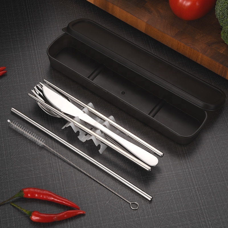 Custom Logo Portable Stainless Steel Flatware Set Straw Chopsticks Fork Spoon Travel Camping Cutlery With Storage Case