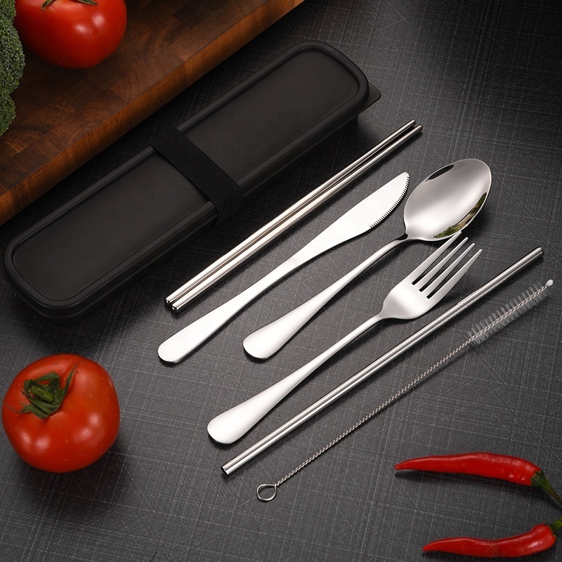 Custom Logo Portable Stainless Steel Flatware Set Straw Chopsticks Fork Spoon Travel Camping Cutlery With Storage Case