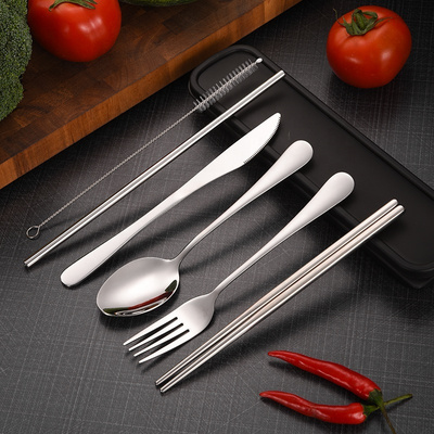 Custom Logo Portable Stainless Steel Flatware Set Straw Chopsticks Fork Spoon Travel Camping Cutlery With Storage Case