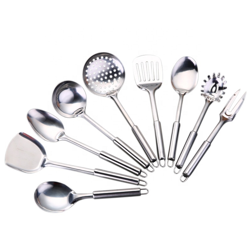 Top Seller 9 Piece Stainless Steel Cooking Kitchen accessories Stainless Steel Ladle Skimmer Kitchen Utensils Set with shelf