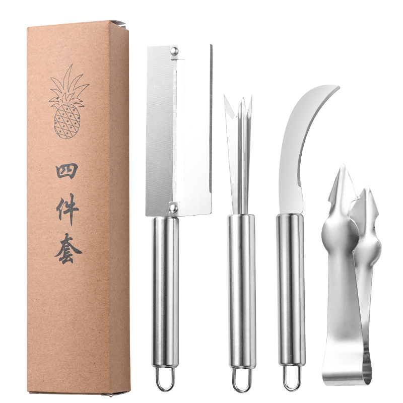 New kitchen products 2023 Stainless Steel 4 pcs set Easy Fruit Stripper Pineapple Peeler Cutter Paring Knife with box