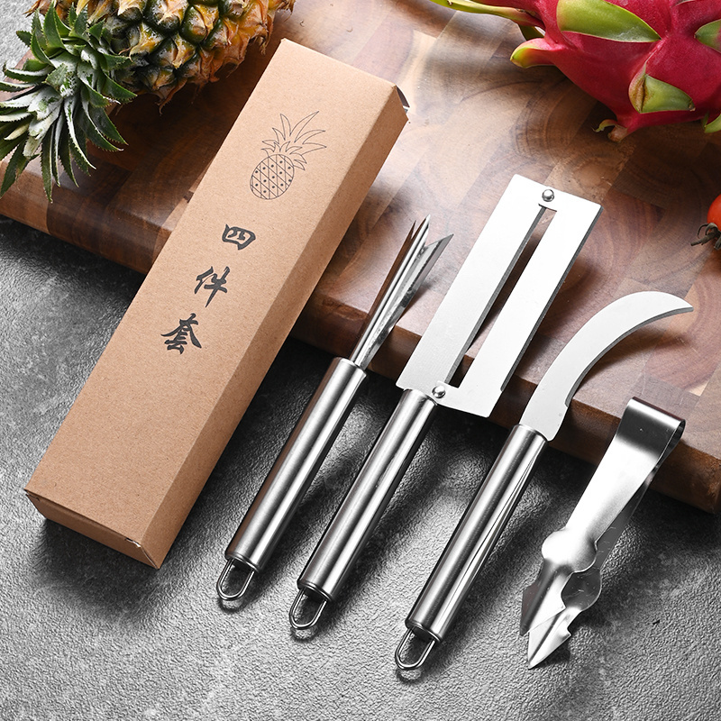 New kitchen products 2023 Stainless Steel 4 pcs set Easy Fruit Stripper Pineapple Peeler Cutter Paring Knife with box