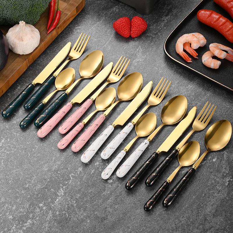 Luxury Cutlery Sets Ceramics Handle Stainless Steel 24-piece gold Spoon And Fork Cutlery Gift Box Western Knife Fork Spoon