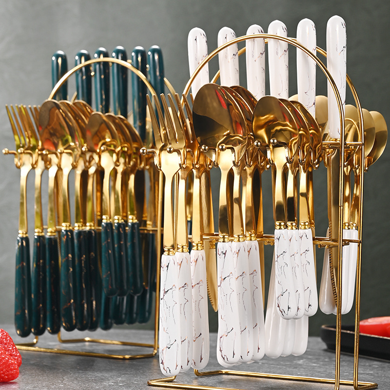 Luxury Cutlery Sets Ceramics Handle Stainless Steel 24-piece gold Spoon And Fork Cutlery Gift Box Western Knife Fork Spoon