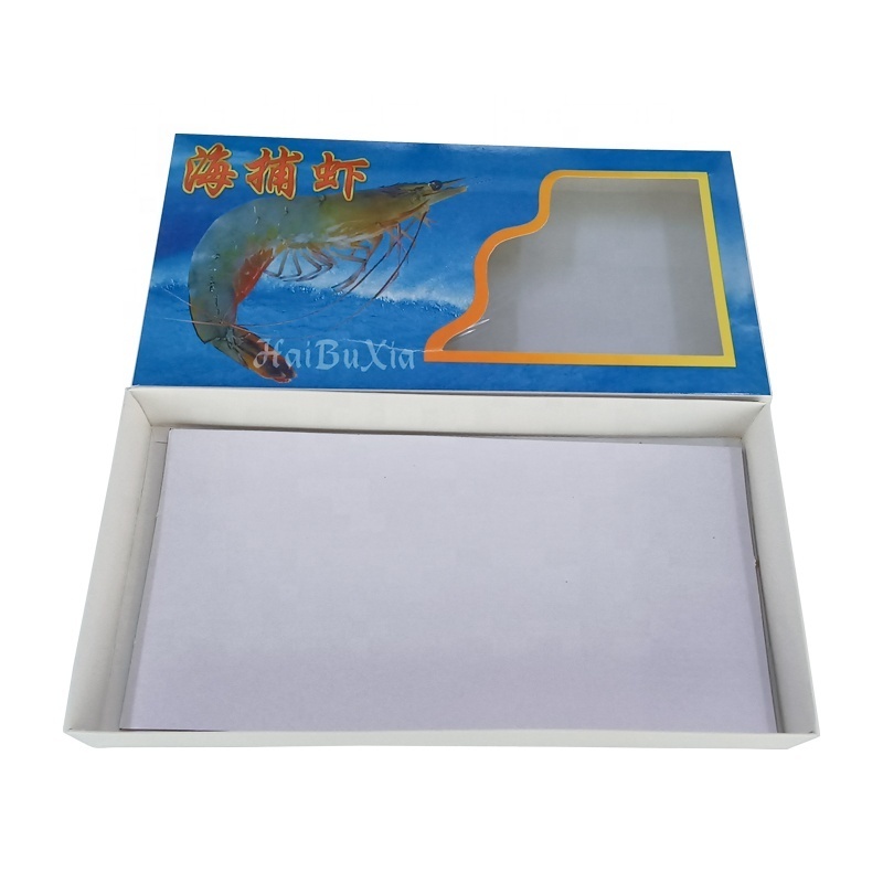 Wholesale custom food grade glossy lamination PET window Fish shrimp frozen seafood white cardboard paper gift packaging box