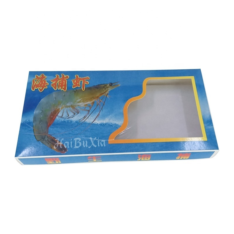 Wholesale custom food grade glossy lamination PET window Fish shrimp frozen seafood white cardboard paper gift packaging box