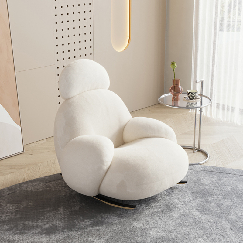 Modern Rocking Leisure Chair White Fabric Sofa Chair Soft Living Room Chair With Footstool Set Lounge Armchair