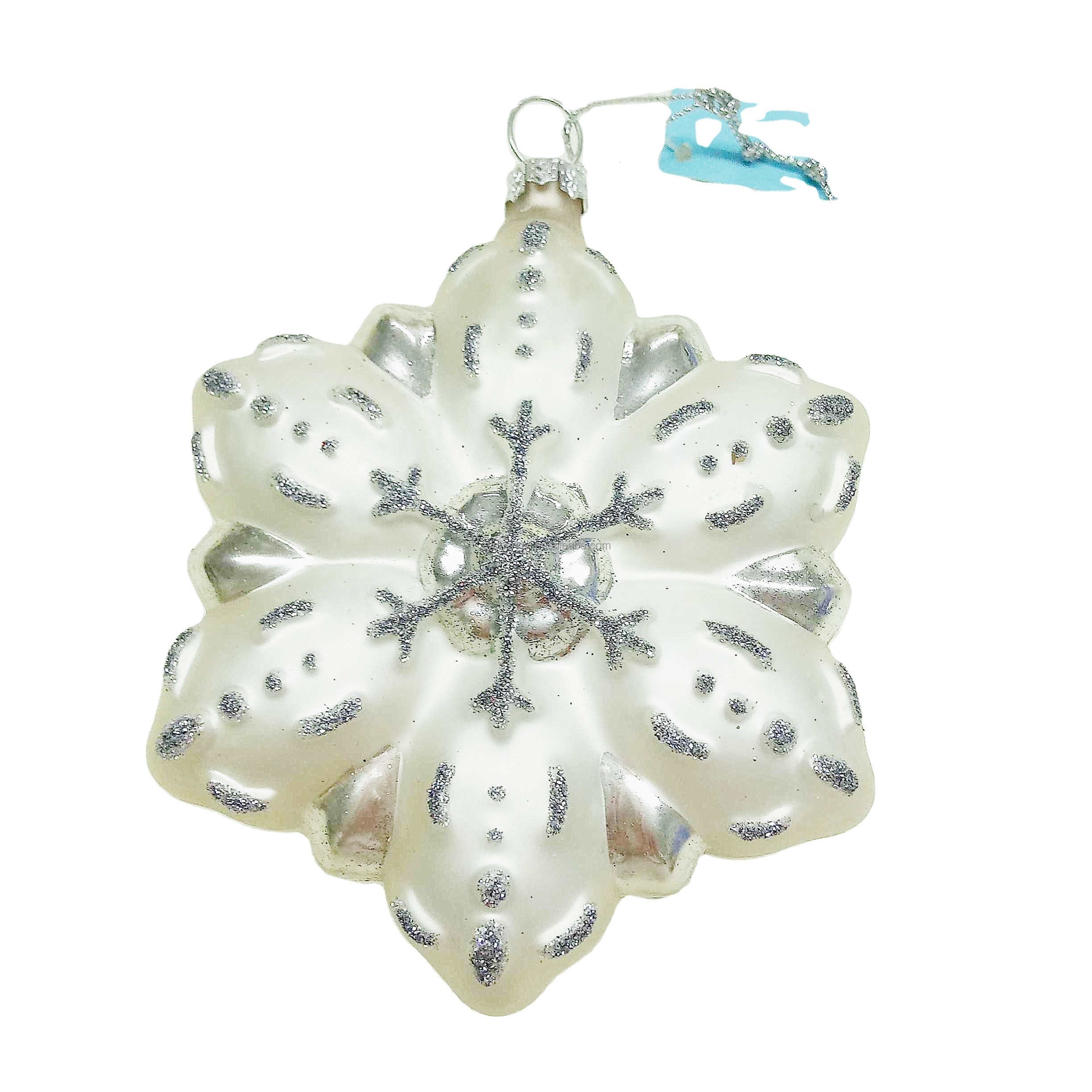 Custom Flat Handmade Silver White Christmas Glass Snowflake Ornaments Silver Blown Glass Christmas Ornament In China