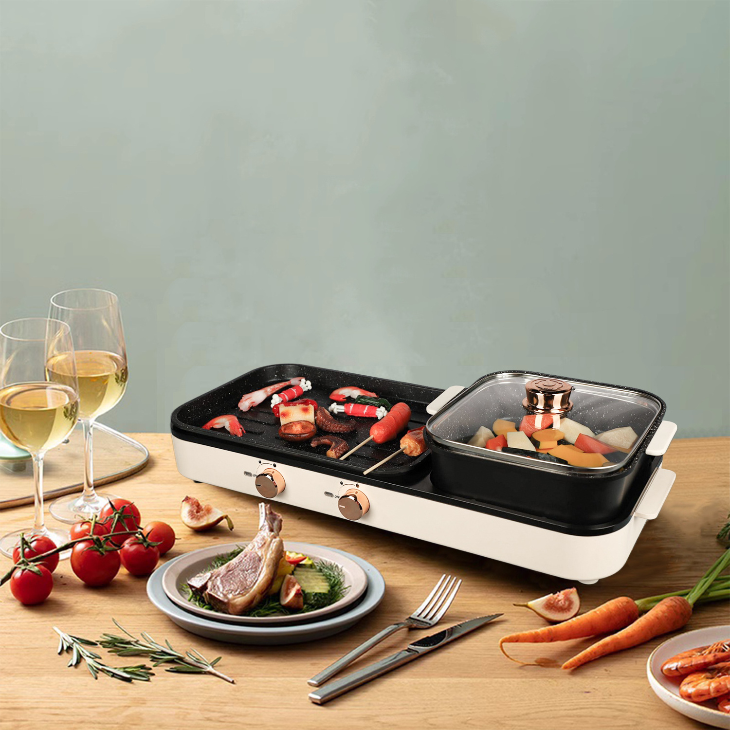 Multi-function Hotpot And Grill Electric PFOA Free Indoor Electric Smokeless Grill And Hot Pot 2 in 1 for Household Meals