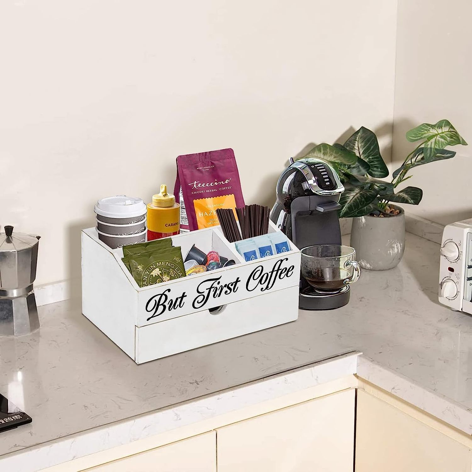 Coffee Station Organizer Wood K Cup Coffee Pods Holder with Drawer Countertop Coffee Bar Accessories Tea Bag Organizer