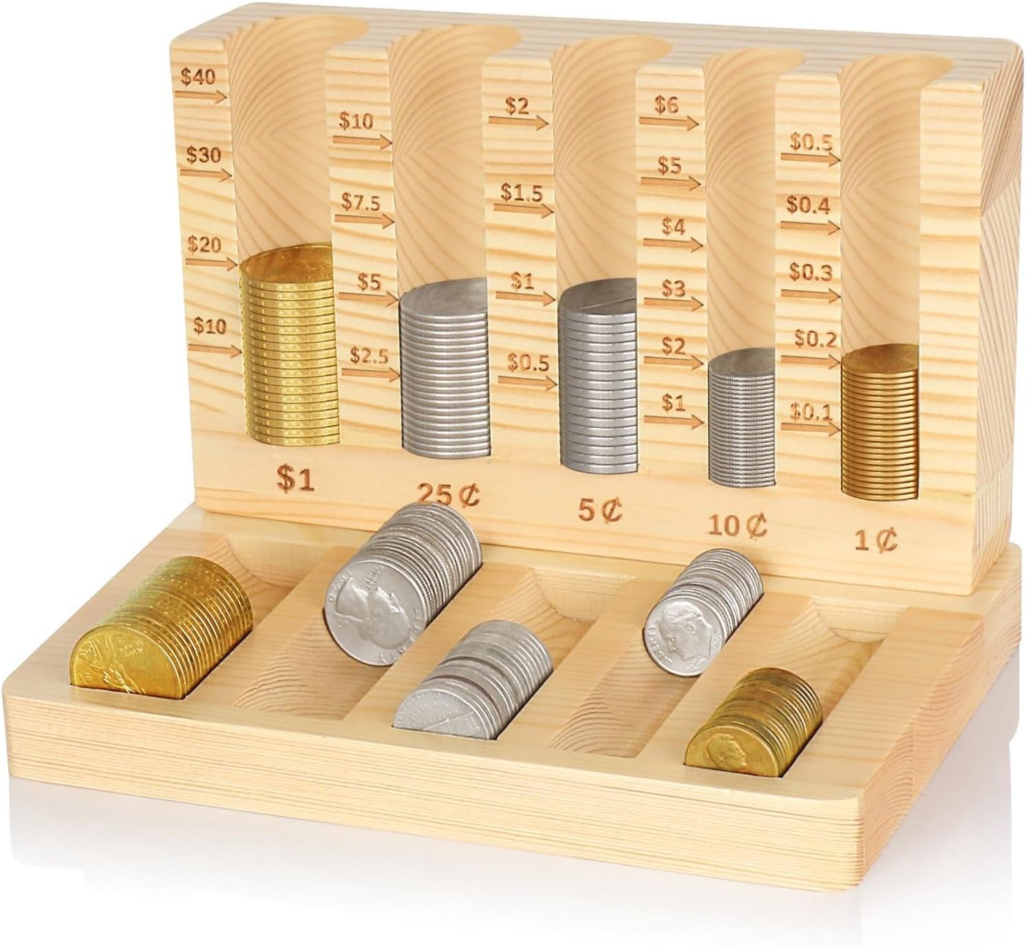 Wooden Coin Counter Piggy Bank Coin Sorter with 5 Compartment Change Organizer Coin Holder