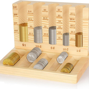 Wooden Coin Counter Piggy Bank Coin Sorter with 5 Compartment Change Organizer Coin Holder