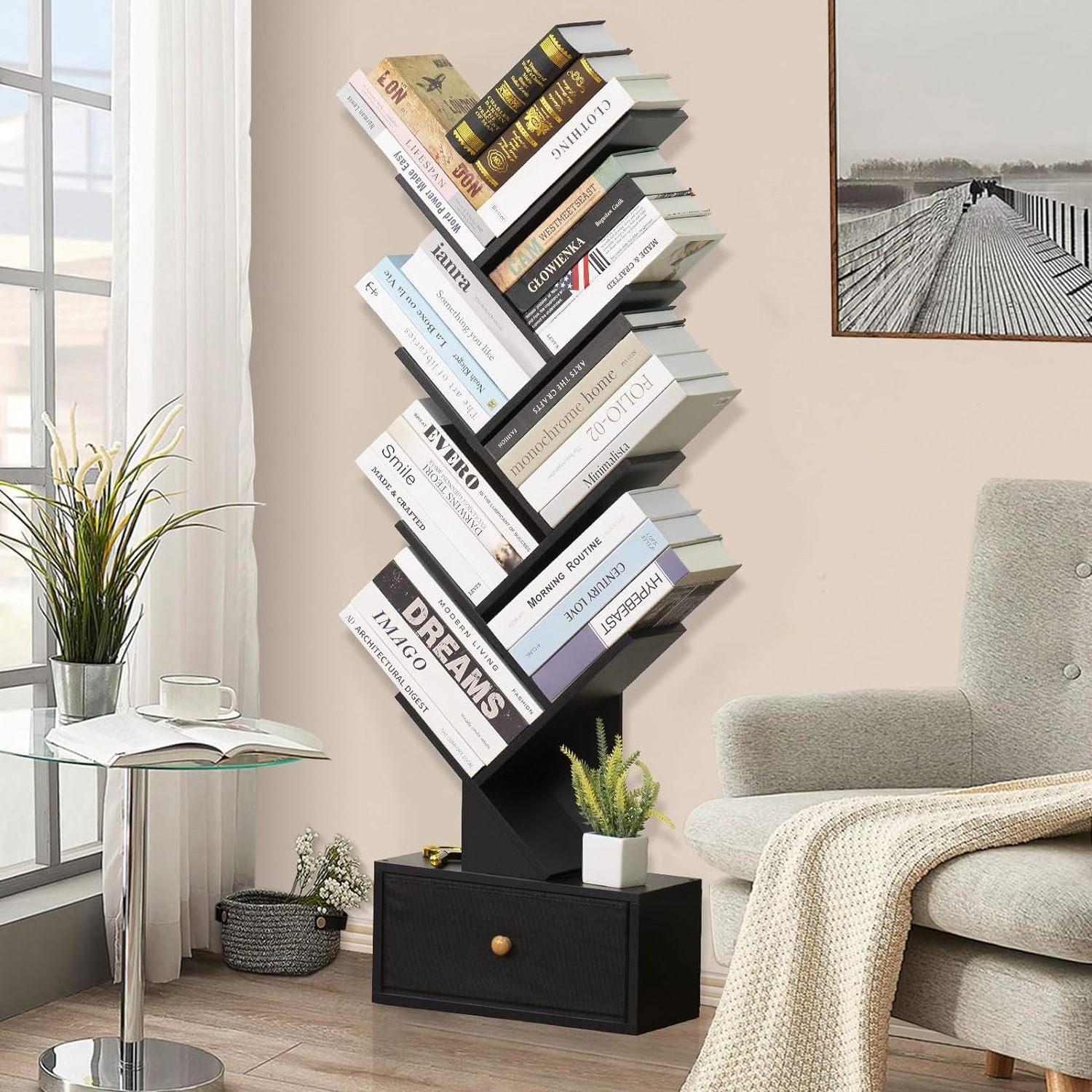 8 Tier Tree Bookshelf with Drawer Free Standing Wood Bookcase for Living Room  Space Saving Storage Organizer Bookshelves