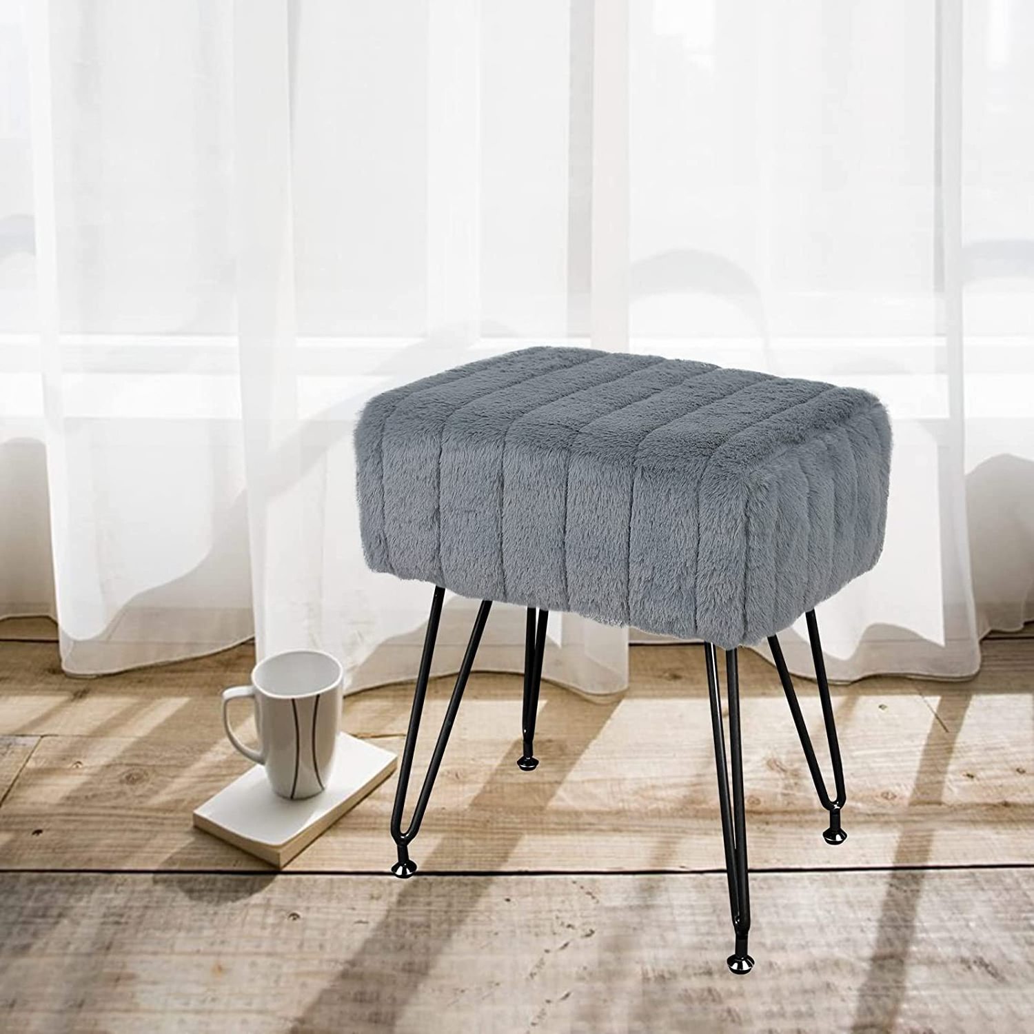 Luxury Ottoman Faux Fur Vanity Stool Chair Vanity Stool for Vanity Desk Rectangle Ottoman Footrest with Metal Legs