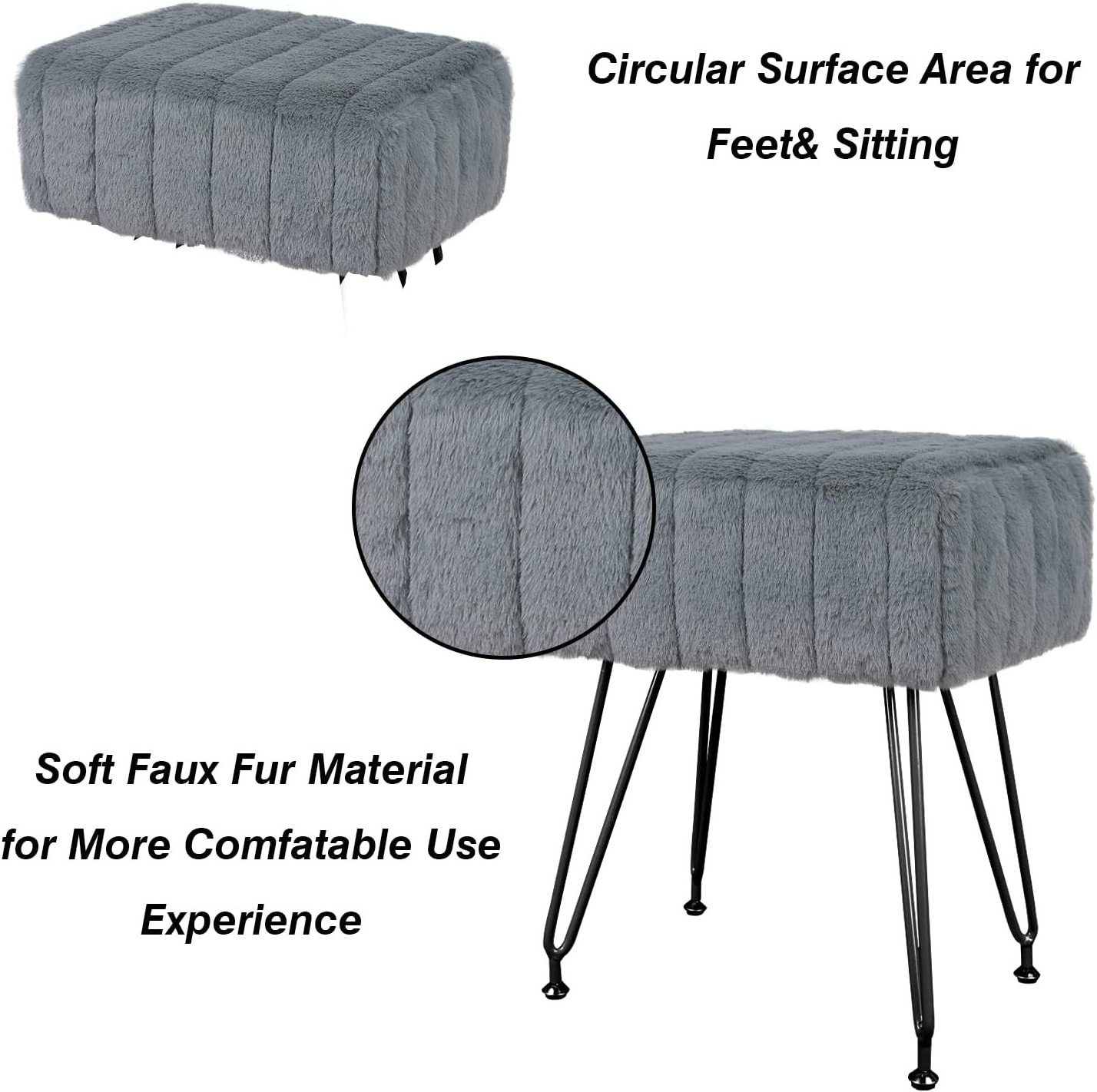 Luxury Ottoman Faux Fur Vanity Stool Chair Vanity Stool for Vanity Desk Rectangle Ottoman Footrest with Metal Legs