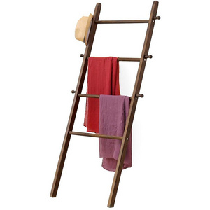 Rustic 5-Foot Wall-Leaning Dark Brown Wood Garment Blanket Towel Ladder Wall Rack Wooden Ladder Shelf