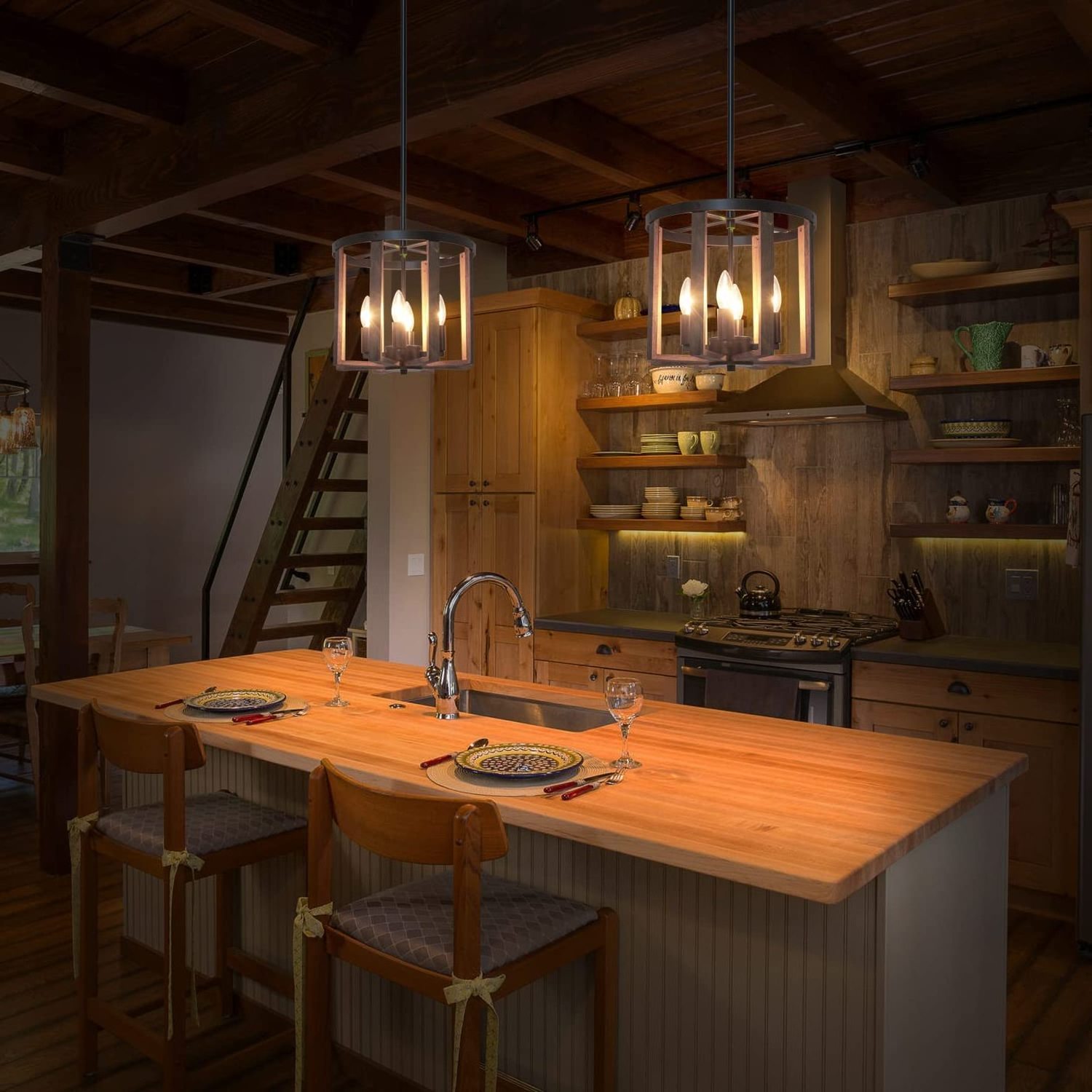 Wood Industrial Pendant Light Rustic Farmhouse Pendant Lighting Fixtures for Kitchen Island Dining Room Hallway