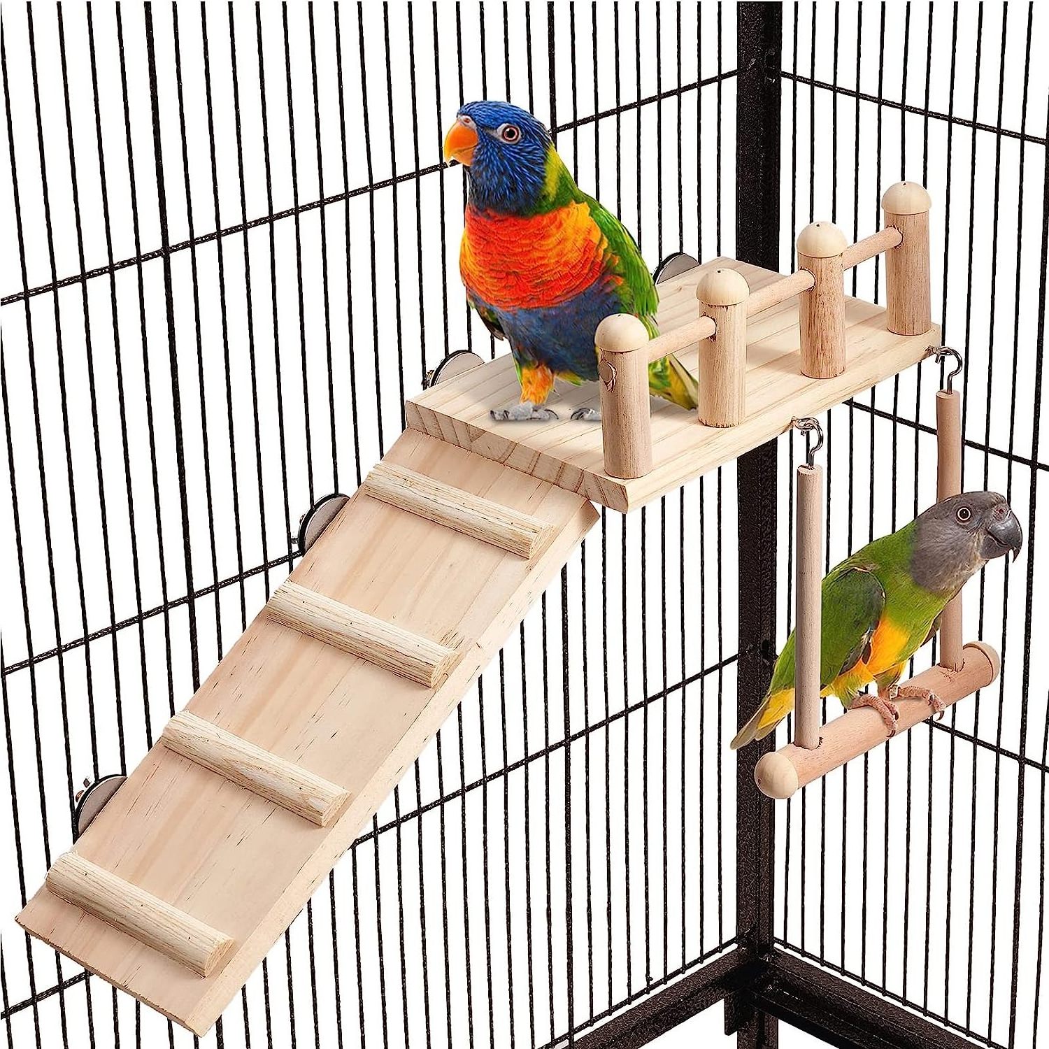 Bird Perches Platform Swing with Climbing Ladder  Parakeet Cage Accessories Wooden Playing Gyms Exercise Stands for Green Cheeks