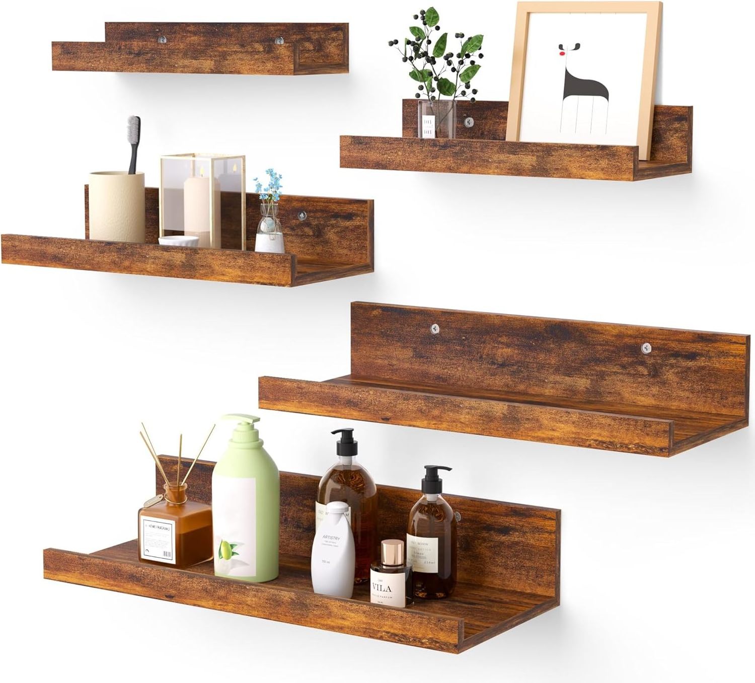 Set of 5 Floating Shelves for Wall Decor Storage Wall Mounted Wood Shelves Small Picture Ledge Shelves