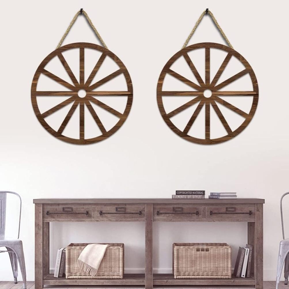 2 Pcs Wooden Wagon Wheel Wall Decor Old Western Wood Wagon Wheel Wall Art Farmhouse Wood Hanging Wheels