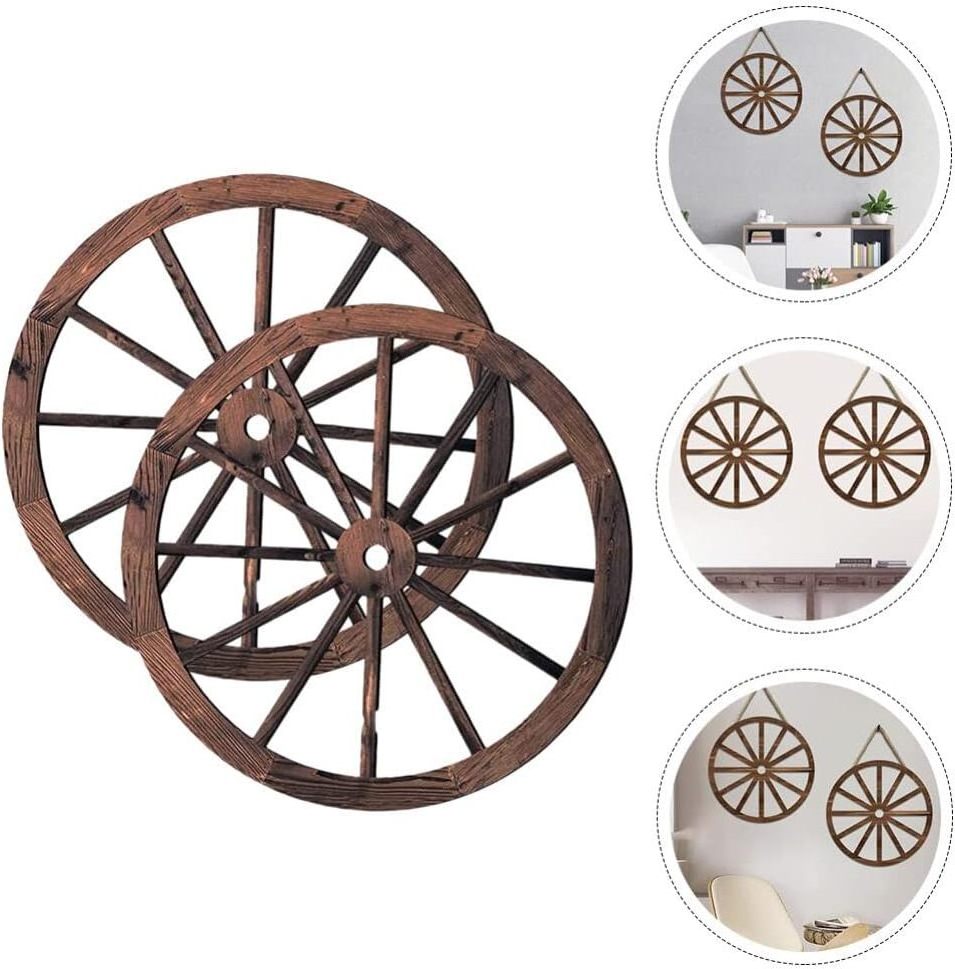 2 Pcs Wooden Wagon Wheel Wall Decor Old Western Wood Wagon Wheel Wall Art Farmhouse Wood Hanging Wheels