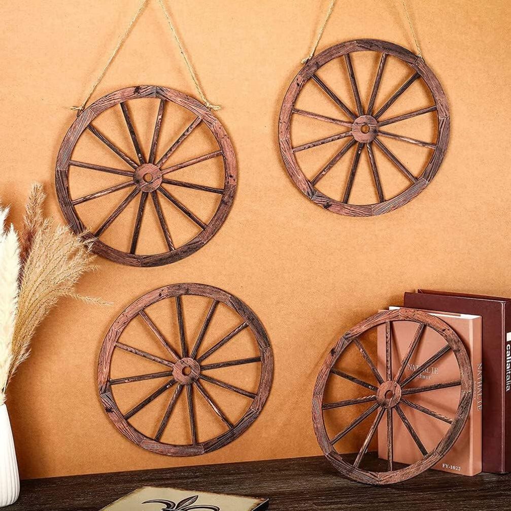 2 Pcs Wooden Wagon Wheel Wall Decor Old Western Wood Wagon Wheel Wall Art Farmhouse Wood Hanging Wheels