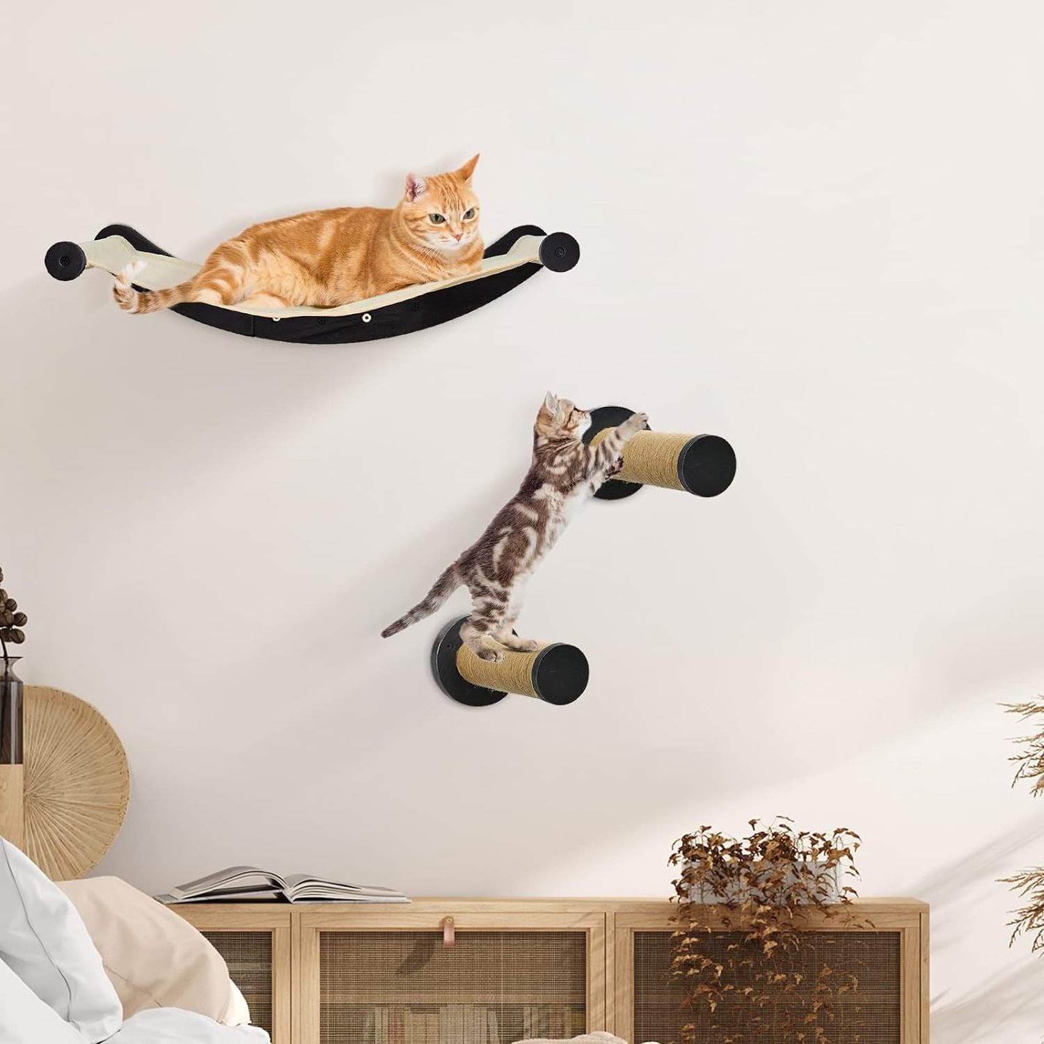 Cat Wall Mounted Shelves and Perches Cat Wall Furniture Climbing Shelves with 2 Steps Cat Hammock