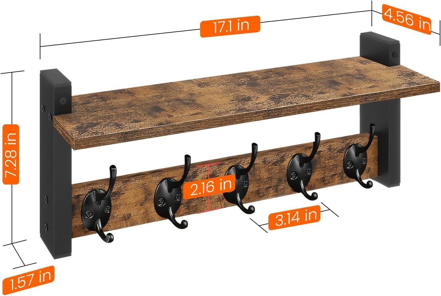 Wood Coat Rack with Shelf Wall-Mounted Entryway Hanging Shelf with 5 Metal Hooks for Clothes Hats Towel Purse Robes