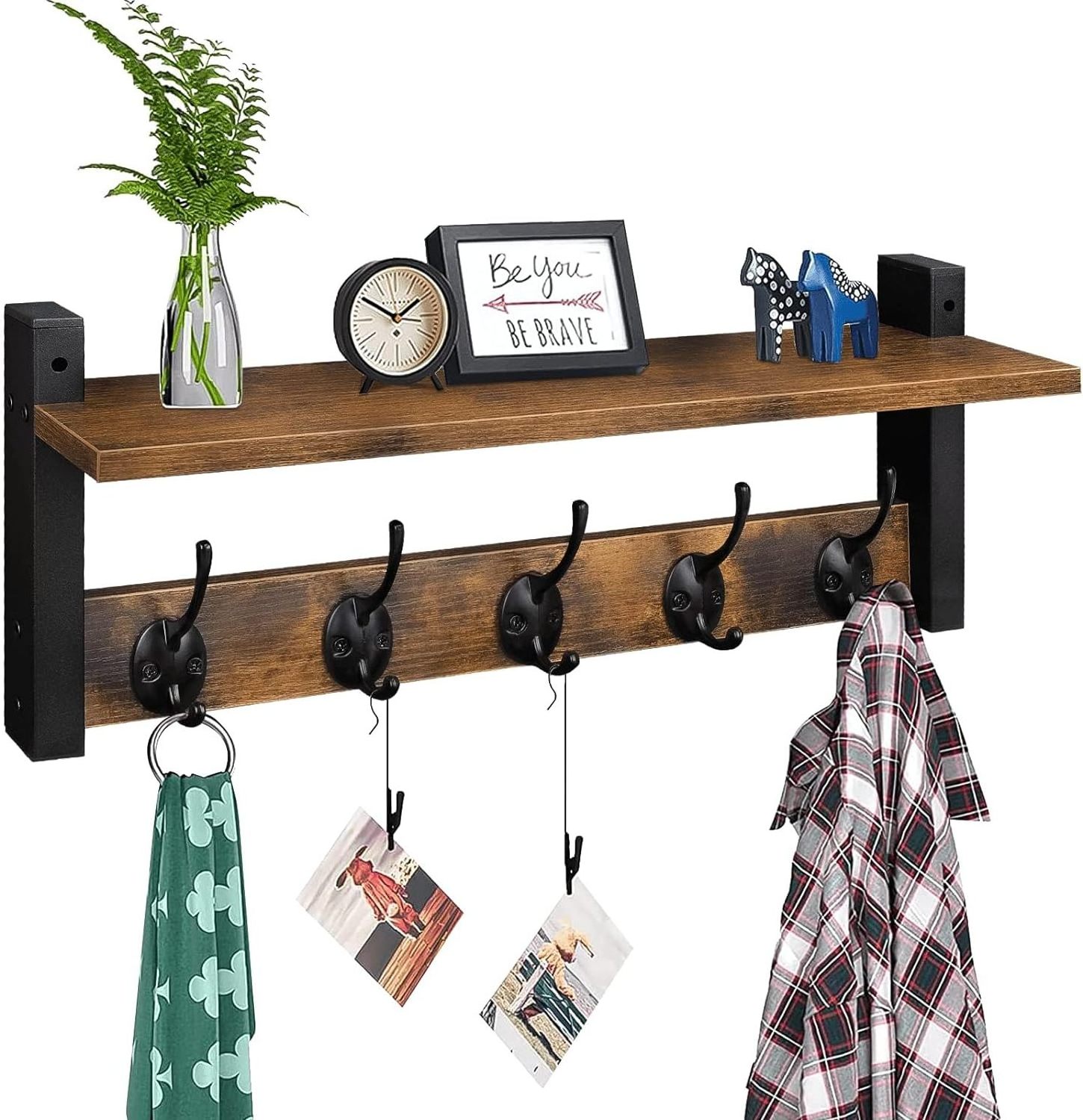 Wood Coat Rack with Shelf Wall-Mounted Entryway Hanging Shelf with 5 Metal Hooks for Clothes Hats Towel Purse Robes