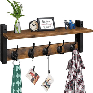 Wood Coat Rack with Shelf Wall-Mounted Entryway Hanging Shelf with 5 Metal Hooks for Clothes Hats Towel Purse Robes