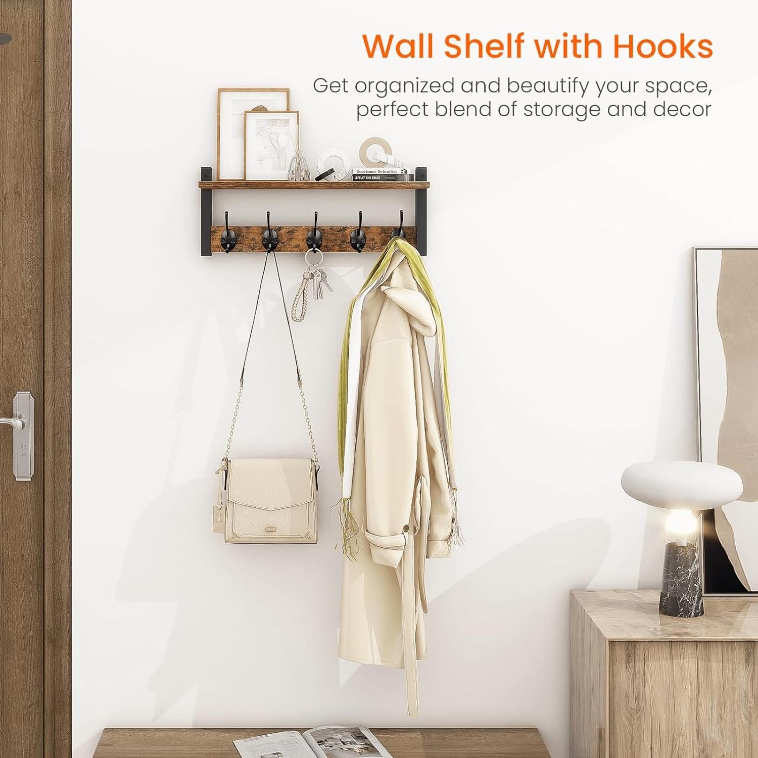 Wood Coat Rack with Shelf Wall-Mounted Entryway Hanging Shelf with 5 Metal Hooks for Clothes Hats Towel Purse Robes