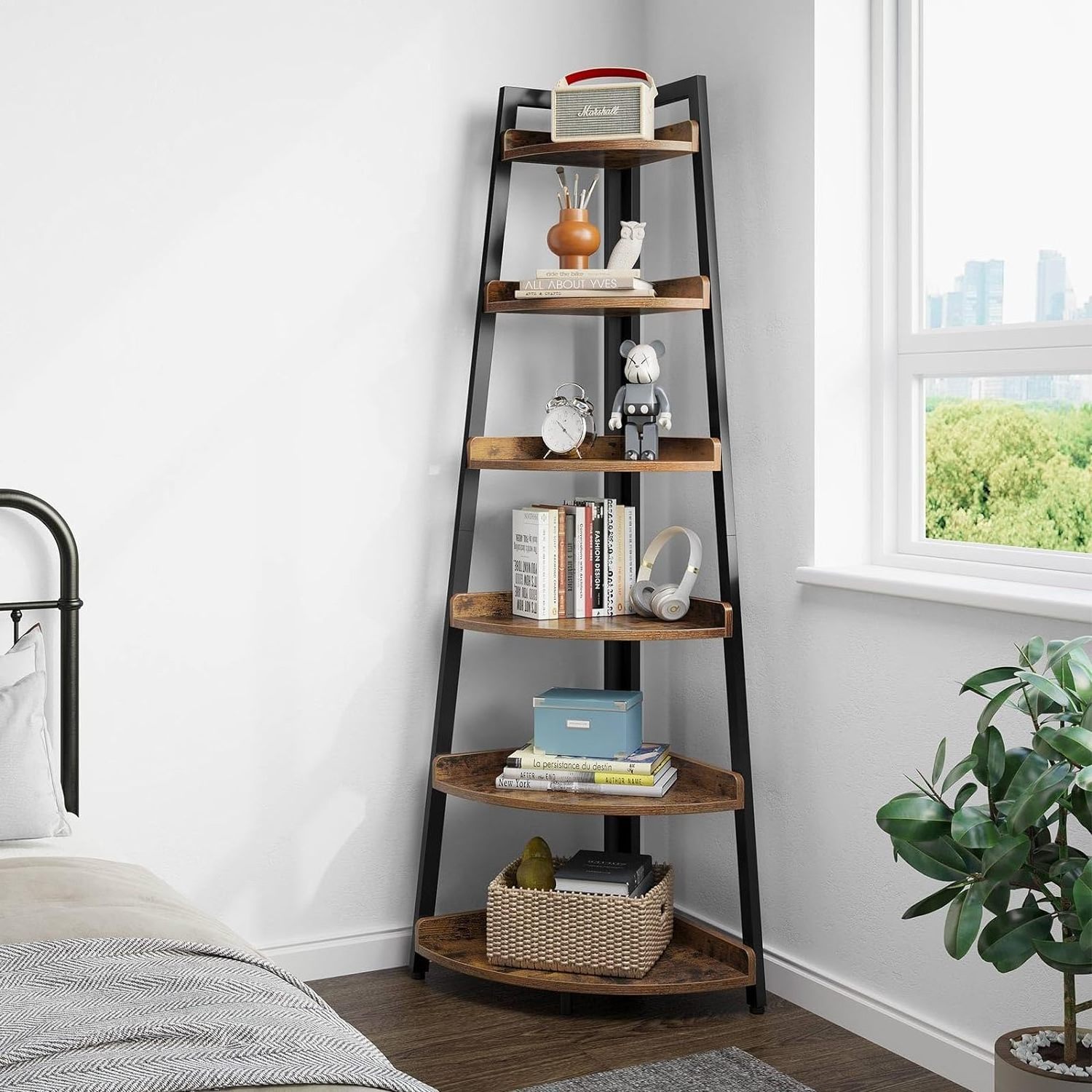 6 Tier Corner Bookshelf Tall Display Organizer Storage Stand Multipurpose Shelving Unit Ladder Shelf