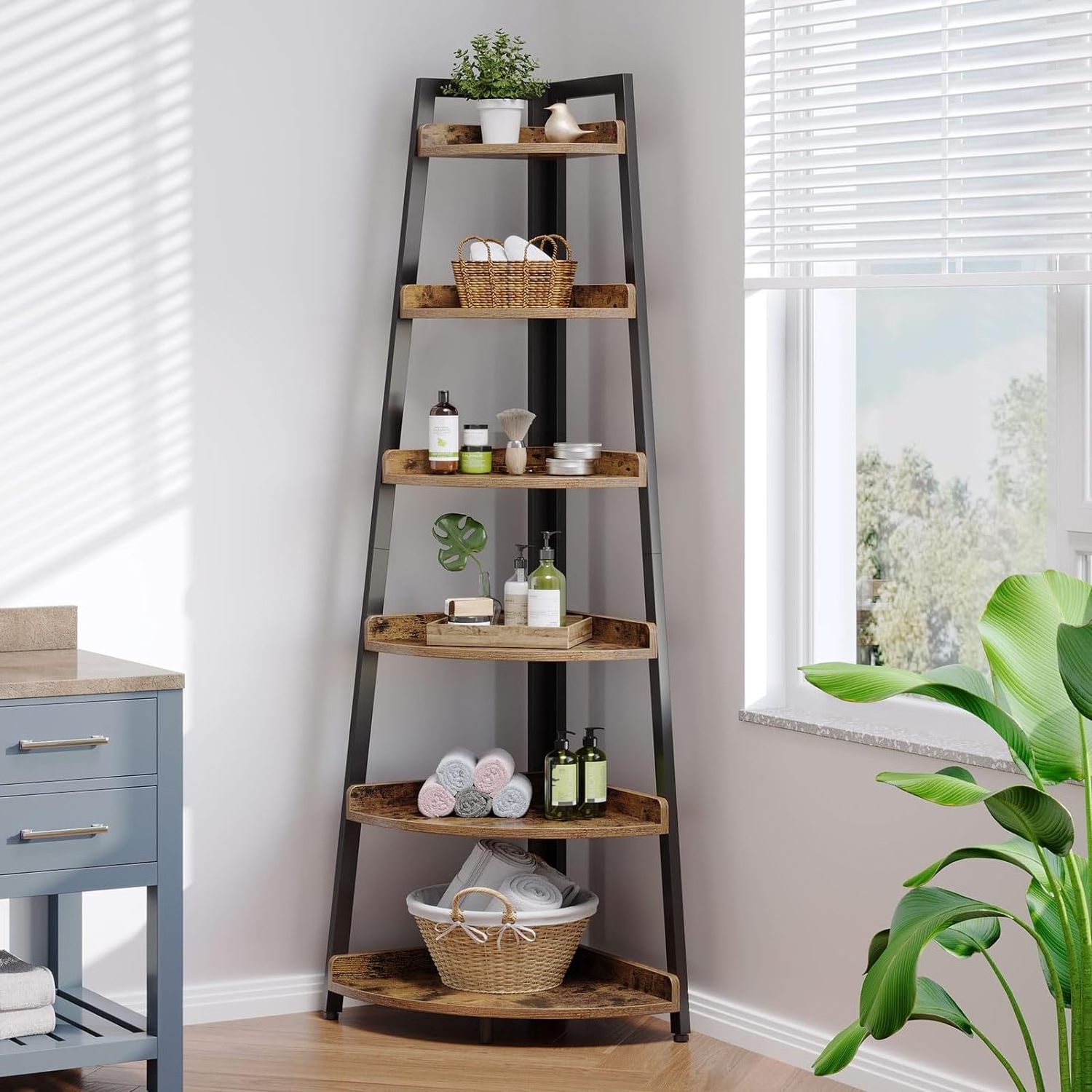 6 Tier Corner Bookshelf Tall Display Organizer Storage Stand Multipurpose Shelving Unit Ladder Shelf